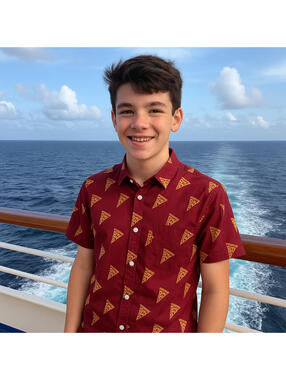 Wurl Boy's Red Christmas Shirt Cruise Pizza Slice Christmas Trees Button Size XL